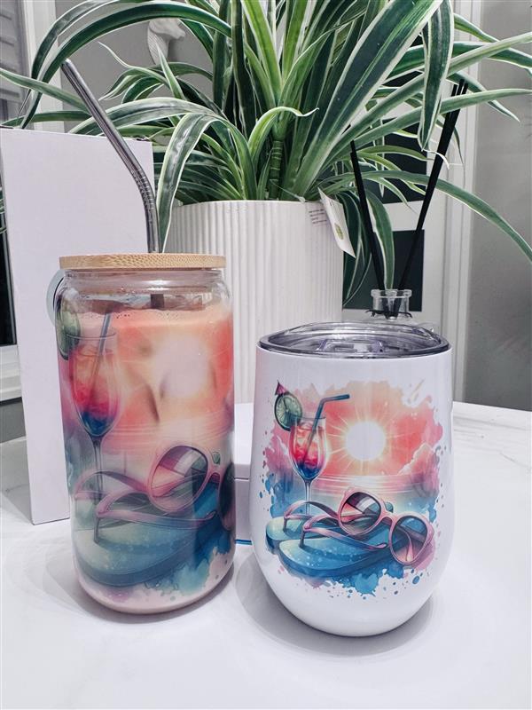 Duo Bundle – 16oz Libbey Glass + Wine Tumbler – Watercolor Beach Edition 🌊🍷