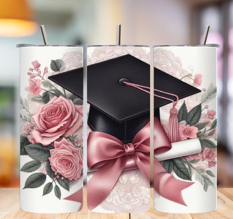 🎓🌸🎀 20 oz Tumbler – Graduation Cap, Diploma, Soft Pink Bow & Roses 💐