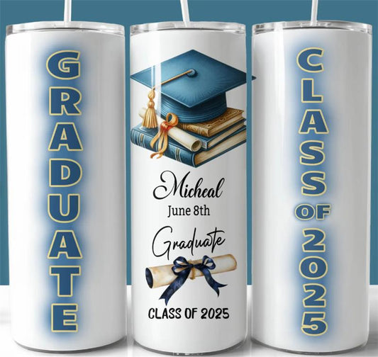 🎓 Personalized 20 oz Tumbler – Graduate Design (Blue Tones, Class of 2025) 🎉