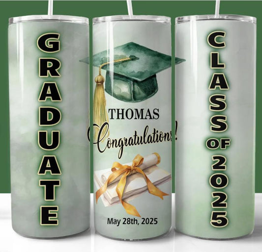 🎓 Personalized 20 oz Tumbler – Graduate Design (Green Tones) 🎉