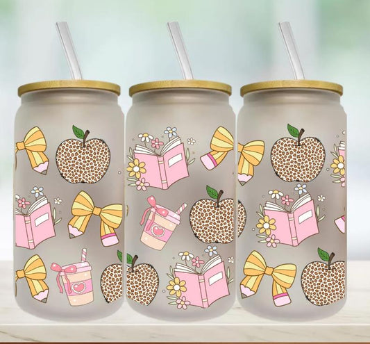 🍎 16 oz Libbey Glass – Teacher Design (Pale Pink & Brown Tones) 📚✏️